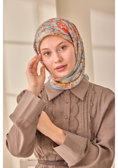 Silk Home Olinda İpek Eşarp 47002-39 Kahve Bej, Bebe Mavi, Hardal, Mercan, Yağ Yeşili