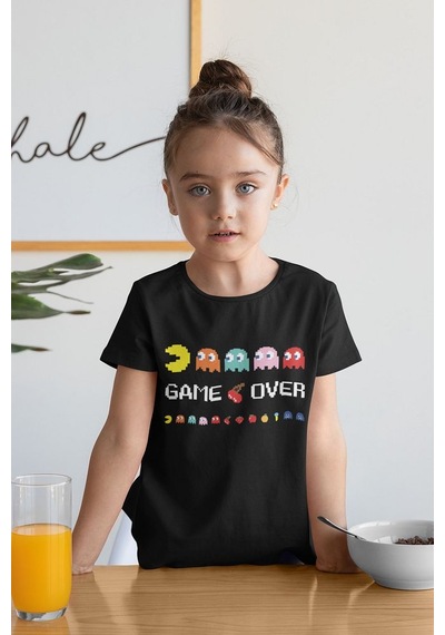Sevbano Pacman Game Over Yazılı Unisex Oyun Çocuk Tişört 1-12 Yaş SIYAH