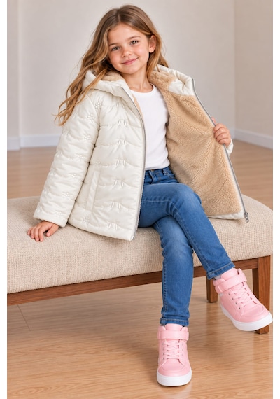 Dublino Kids Kız Çocuk Kapüşonlu Su Ve Rüzgar Geçirmez Nakışlı Mont Ekru