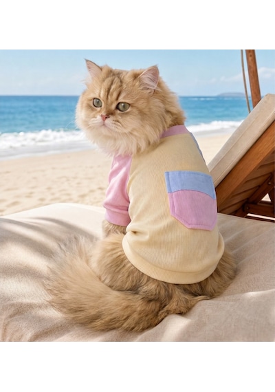 Soft Sun Kedi Tişörtü Cepli Şeker Renkli Yazlık Kedi Kıyafeti