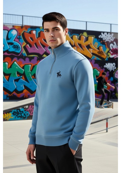 Benerly Erkek Dik Yaka Fermuarlı Standart Kol Regular Kalıp Sweatshirt Fo Açık Mavi