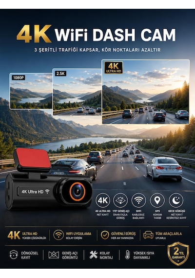 Tr 4k Ultra Hd Mini Ön Ve Arka Araç Kamerası, 64gb Hafıza Kartlı, Wifi, Gps, Gece Görüşlü