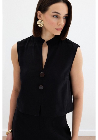 Sateen Süs Düğme Detaylı Bluz - Siyah Siyah