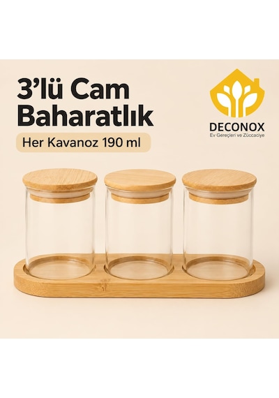 Bambu Standlı Yuvarlak 3 Lü Cam Baharatlık Seti, 3 X 190 Ml, Bambu Kapaklı Baharat Kavanozları, Üç Yuvalı Tezgah Üstü Düzenleyici Çok Renkli