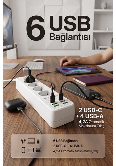 Akım Korumalı Priz 3'lü 4x Usb-a + 2x Usb-c 2 Metre Kablo 0 - 2 M