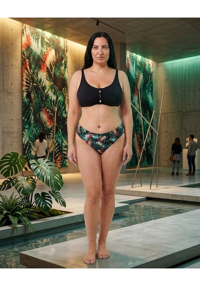 Büyük Beden Sabit Pedli Ayarlanabilir Askılı Alt Desenli Kadın Bikini Takım Siyah