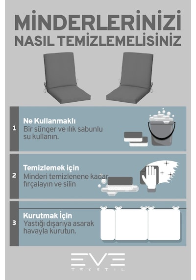 Eve Tekstil Bahçe - Salon - Balkon Arkalıklı Fermuarlı Bağlanabilir Yıkanabilir Sandalye Minderi 8 Adet Gri
