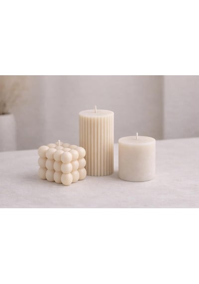 Evcikuş Soft Set 3'lü Dekoratif Mum Seti, Bubble Ribbed Ve Silindir Mum, Minimal Tasarım Hediye Seti Çok Renkli