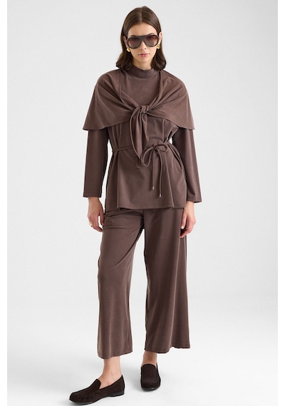 Olcay Şal Aksesuarlı Premium Kumaş Tunik Pantolon Kahve 9470-tk