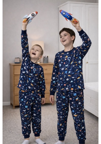 Zuzunga Astronot Temalı Pamuk Unisex Çocuk Pijama Takımı Lacivert2
