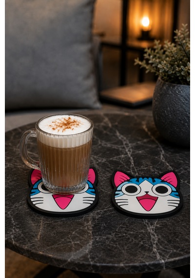 Kemboss Neşeli Mavi Kedi Bardak Altlığı 2'li Set - Pvc Kaydırmaz Bardak Altlığı Açık Mavi