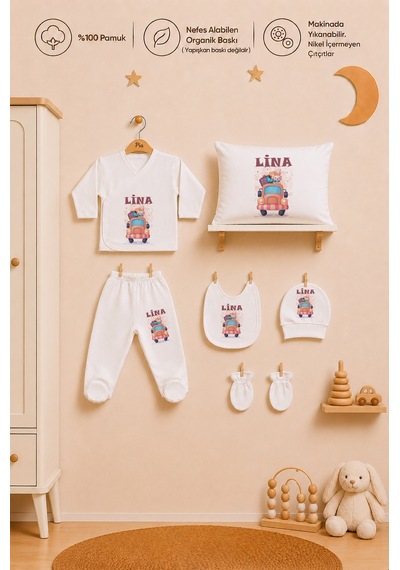 Pia Baby Kız Bebek İsme Özel Yastık Kılıfı Ve Zıbın Seti %100 Pamuk 6 Parça İsimli Organik Baskı 2075yz0x Ekru