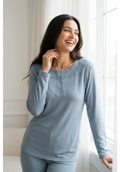 Aura Collections Kadın Dantelli Bambu Viskon Uzun Kollu Mevsimlik Soft Örme Pijama Takımı Turkuaz