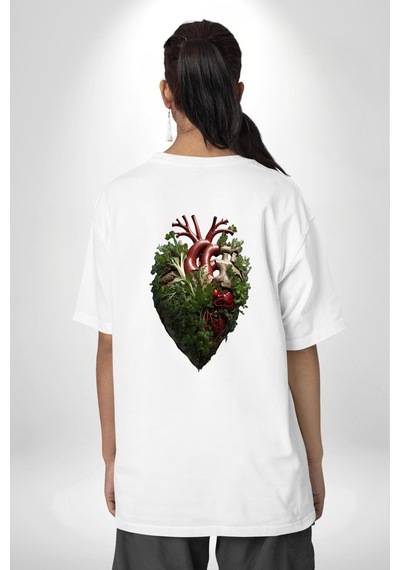 Doğanın Kalbi Yeşillikler Kalp Beyaz Oversize Unisex Ön Ve Sırt Baskılı Tişört Beyaz