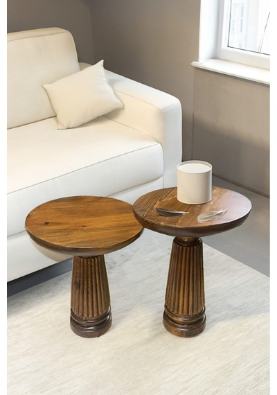 2 Li Set Mantar Sehpa Modern Açık Ceviz Renk Kahverengi