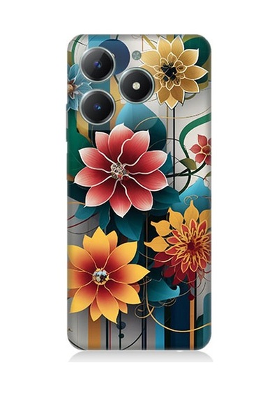 Realme C61 Uyumlu Dijital Çiçek Kompozisyonu Desenli Silikon Kılıf Çok Renkli