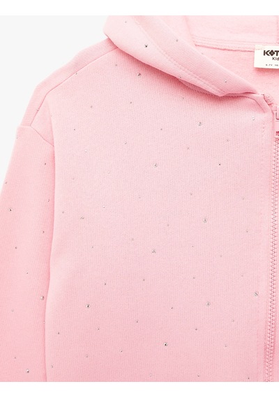 Koton Taş Detaylı Uzun Kollu Fermuarlı Şardonlu Kapşonlu Sweatshirt Pembe 7wkg10231ak Gül