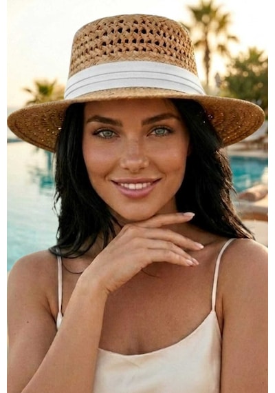 Tezzgelsin Kadın Hasır Şapka Riviera Stil Delikli Örgü Yazlık Plaj Şapkası Camel - Beyaz