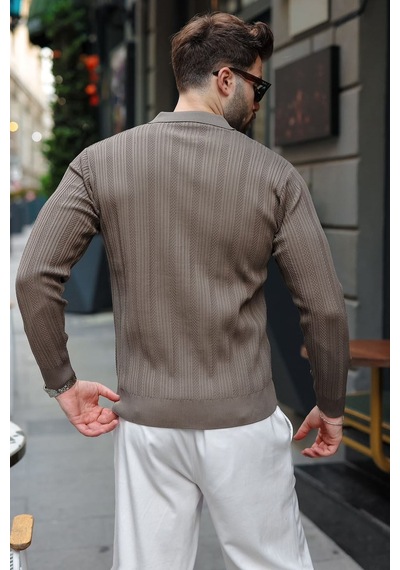 Madmext Açık Kahve Polo Yaka Desenli Over Fit Erkek Triko Kazak E7517 Açık Kahverengi
