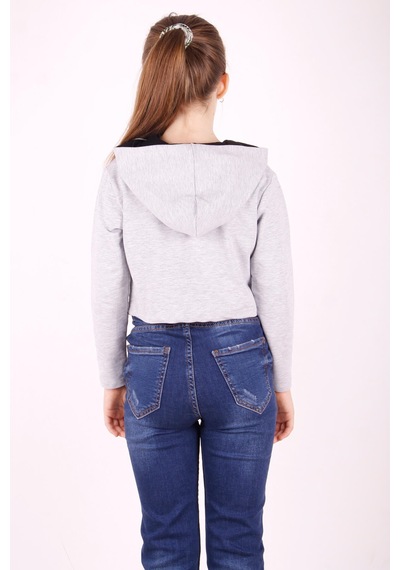 Toontoy Kız Çocuk Taş İşlemeli Kapşonlu Sweatshirt Gri Melanj
