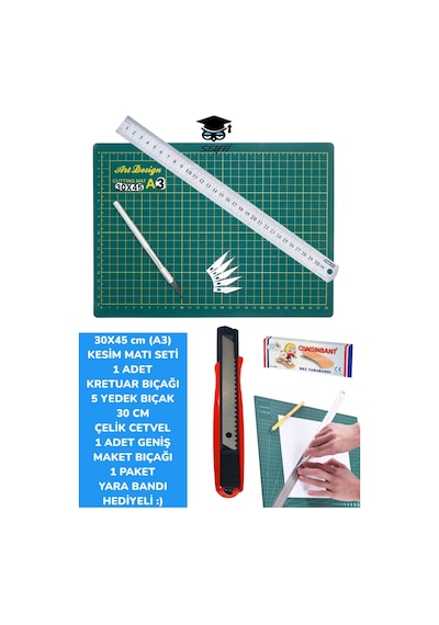 30x45 Cm A3 Kesim Matı Seti 1 Adet Kretuar Bıçağı 5 Yedek Bıçak 30 Cm Cetvel 1 Adet Maket Bıçağı 0000 Naturel