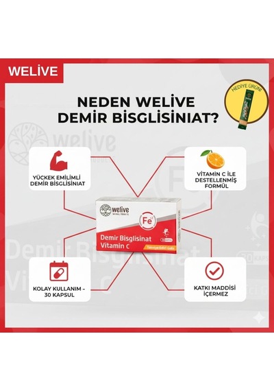 Demir Bisglisinat + Vitamin C Takviye Edici Gıda 30 Kapsül