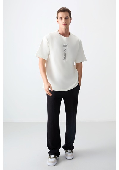 Air Jones Tommy Life Ekru %100 Pamuk Kalın Yumuşak Dokulu Oversize Fit Baskılı Erkek T-shirt - 88355 Ekru