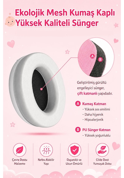 Reyo Bebek Gürültü Önleyici Kulaklık Gürültü Azaltıcı Bebek Kulaklığı 0-3 Yaş Pembe