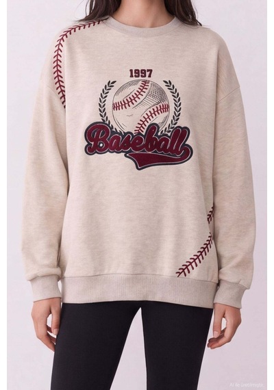 Quzu Baskı Nakış Detaylı Sweatshirt Bejmelanj Bej