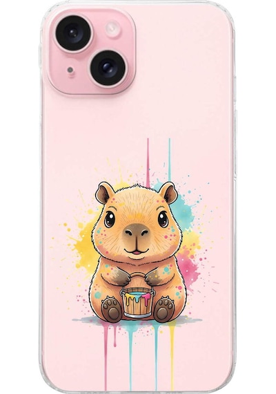 Apple Uyumlu iPhone 15 İle  Splash Kapibara Tasarımlı Şeffaf Silikon Kılıf 051d