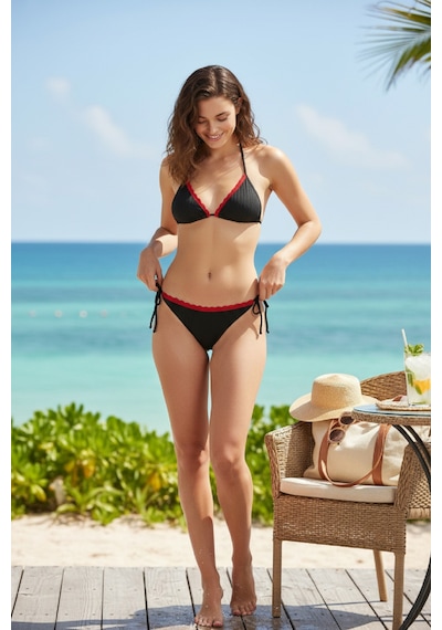 Fantezia Night Kırmızı Dantel Detaylı Siyah Bikini Takımı Ayarlanabilir İpli, İçten Şardonlu, Kadın Mayo