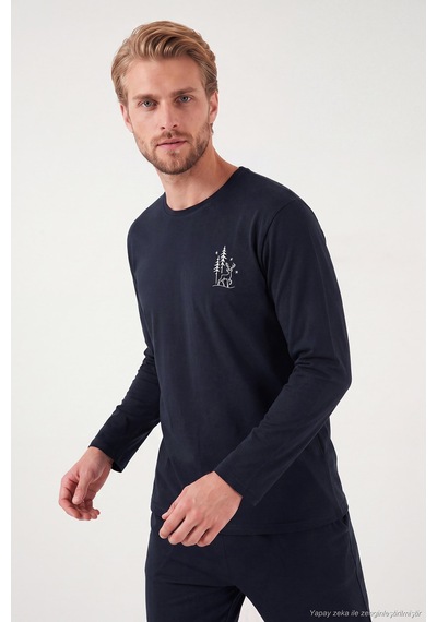Buratti Minimal Baskılı Pamuklu Uzun Kollu Pijama Takımı Erkek Pijama Takımı 6575005 Lacivert