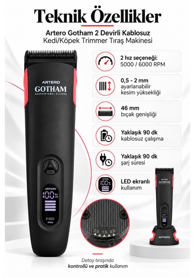 Artero Gotham 2 Devirli Kablosuz Kedi/köpek Trimmer Tıraş Makinesi