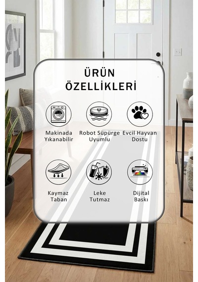 Çerçeve Siyah Beyaz Yıkanabilir Yolluk Beyaz - Siyah