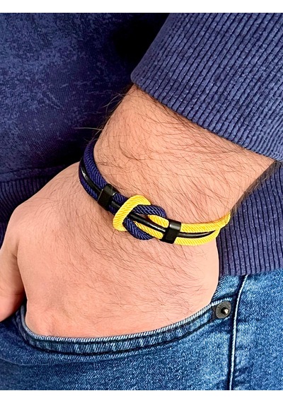 Çift Renkli El Yapımı Taraftar Bilekliği Makrome-%100 Deri Kombin Unisex Bileklik Net 21 Cm Sarı - Lacivert