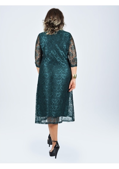 Nidya Moda Büyük Beden Sıfır Yaka Dantel Elbise-4036Y Çok Renkli