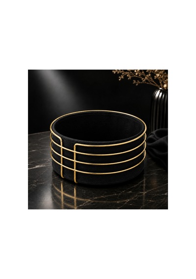 Gold Detaylı Galvaniz Metal Bezli Yuvarlak Ekmek Sepeti 22x11 Cm Yıkanabilir Kumaşlı Modern Şık Sunumluk Siyah