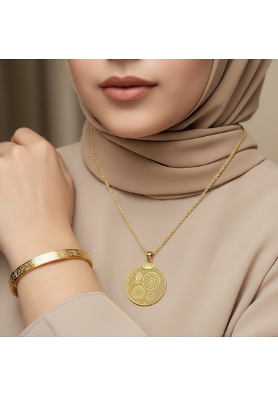 Çoklu Dua Kolye Ve Ayetel Kürsi Bileklik Seti Gold Çelik Şık Takı Seti Altın