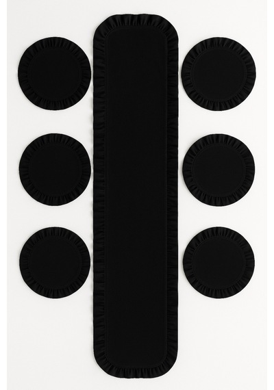 7 Parça Fırfırlı Sofra Sunum Seti 6 Adet Amerikan Servisi Supla + 1 Adet Fırfırlı Runner - 40x150 Cm Siyah