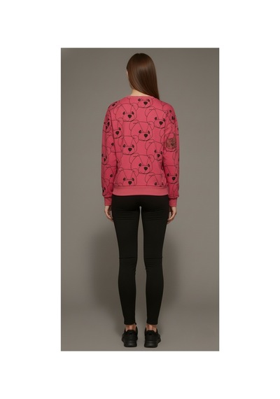 The Kadın Pembe Ayıcık Baskılı Sweatshirt 3 İplik Şardonsuz, %100 Pamuk Rahat Kalıp Pembe
