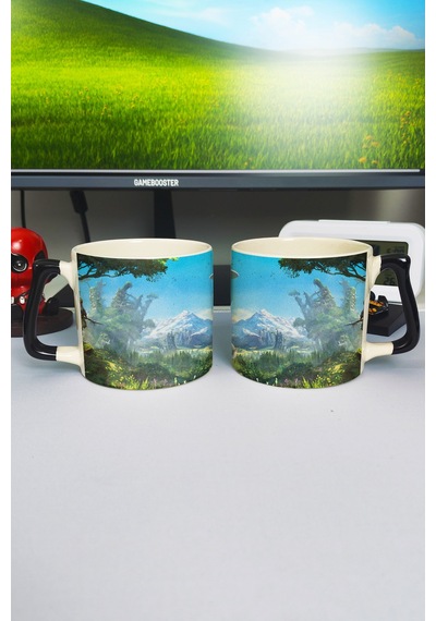 Horizon Zero Baskılı Seramik Lüks Kupa 1 Adet Özel Siyah Kulp Dalga Kulp V5d Çok Renkli