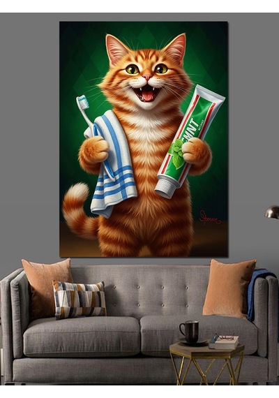 Ahşap Tablo Diş Fırçası Tutan Kedi