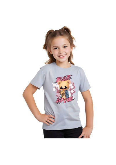 Panios Kids And Cool Baskılı Kız Çocuk Kısa Kollu T-shirt Gri