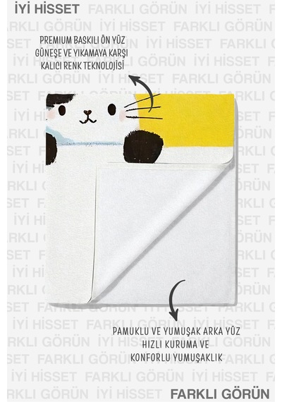 Kedi Figürlü Sarı Çocuk Plaj Havlusu - Sevimli Minimalist Beyaz Çocuk Hızlı Kuruyan Mikrofiber Havlu Pastel Melon