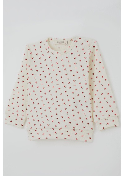 Breeze Kız Bebek Pijama Takımı Omuzdan Patlı Kiraz Desenli 4 Ay-1 Yaş, Krem Krem