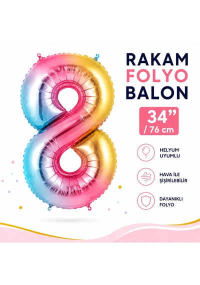 8 Rakam Folyo Balon Gökkuşağı 34 İnç 76 Cm Doğum Günü Parti Balonu Çok Renkli