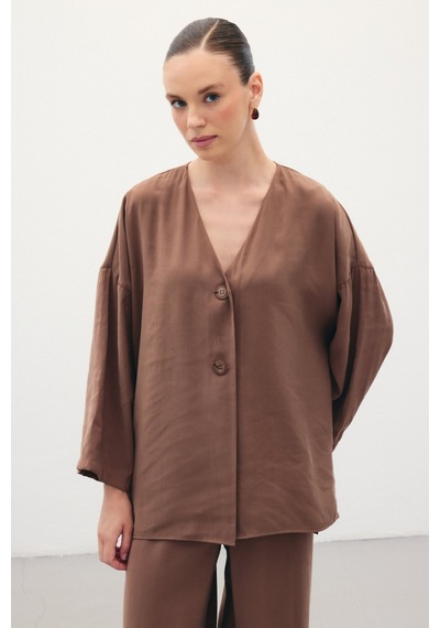Sateen Düğmeli Kimono - Kahve-136354 Kahve