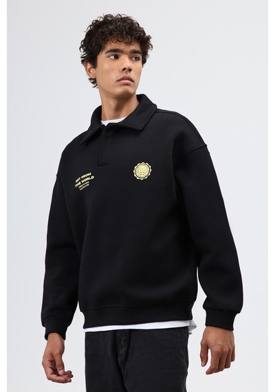 Vamos Polo Yaka Oversize Baskılı Yıkamalı Sweatshirt Siyah