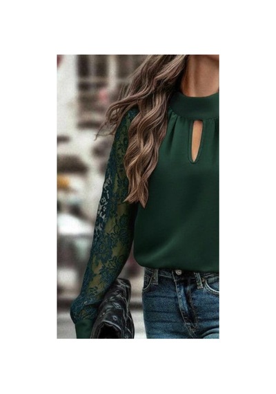 Butik İstanbul Kadın Uzun Kollu Göğüs Pencere Detay Yaka Boğazlı Kolları Tüllü Sandy Bluz Yeşil
