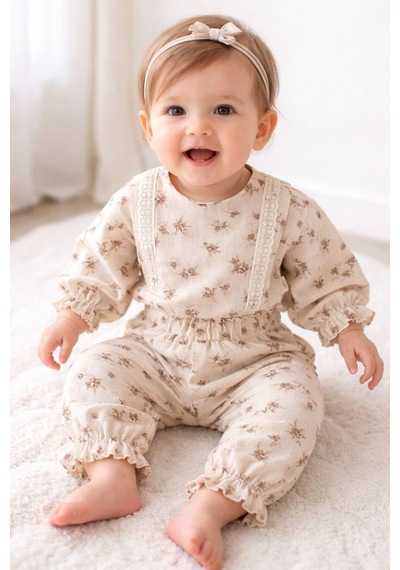 Babyhola Dantel Detaylı Çiçek Desenli Müslin Bayramlık Kız Bebek Takım Üst Ve Pantolon İkili Set 2009 Bej